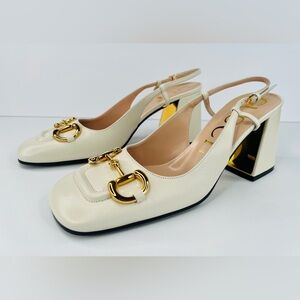 Gucci Horsebit Malaga Logo Marmont Block Heel Leather Slingback Pumps EU 41.5